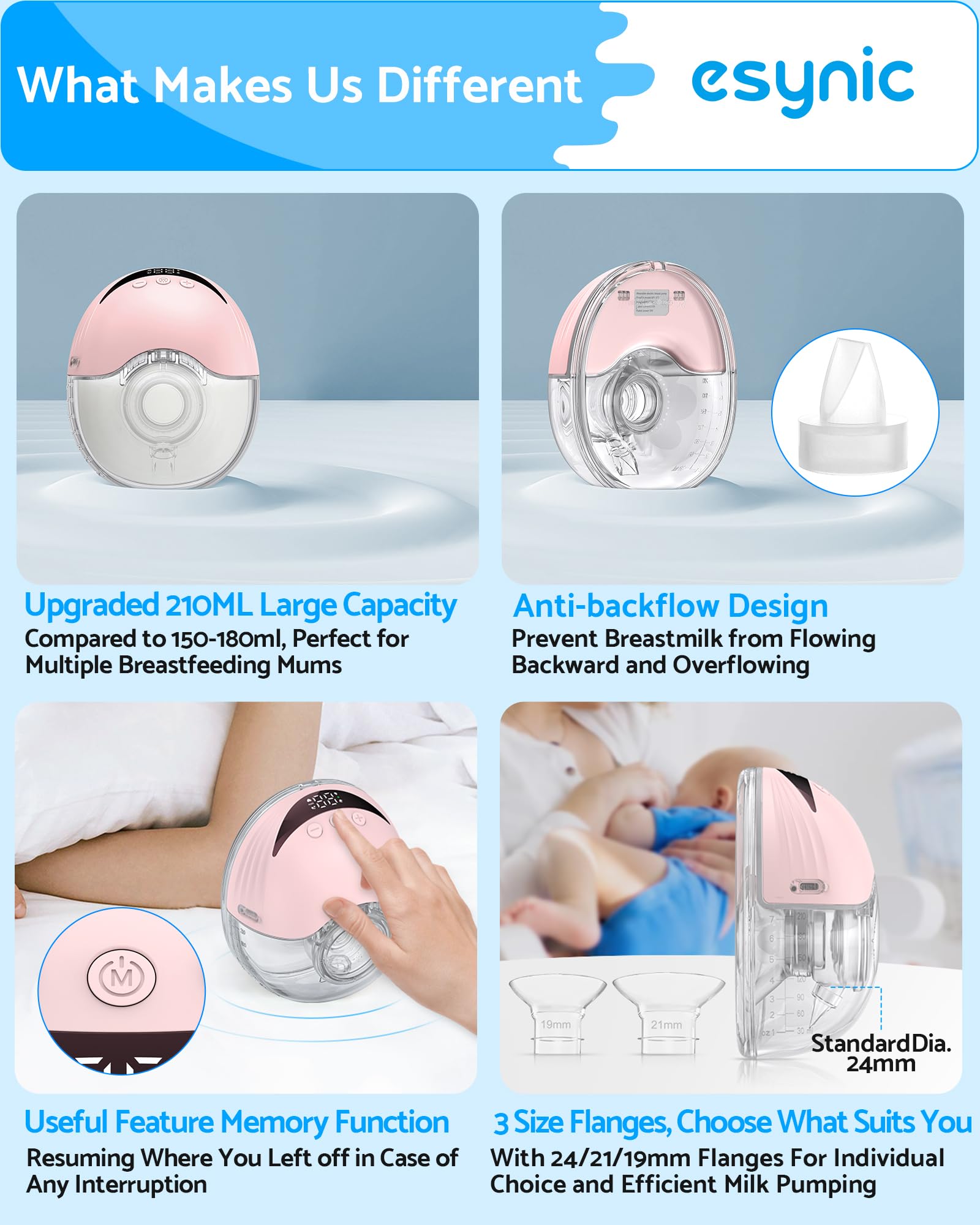 eSynic 2PACK Hand Free Wearable Breast Pump 4 Modes&12 Levels Electrical Breast Pump 210ML Wireless Breastfeeding Pump with 24/21/19mm Flange Portable Breast Milk Pump Leak-Proof LED Display BPA Free - Image 3