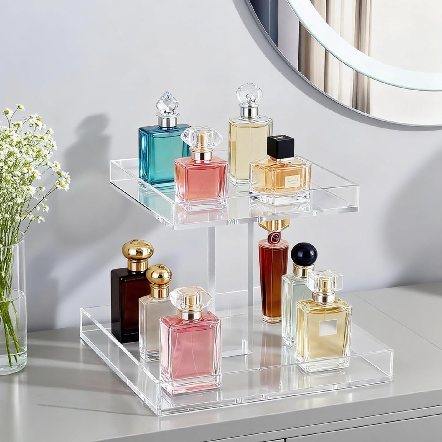 2-Tier Acrylic Bathroom Cosmetic Storage Organizer for Dresser and Countertop Standing Perfume Tray for Bedroom Decor