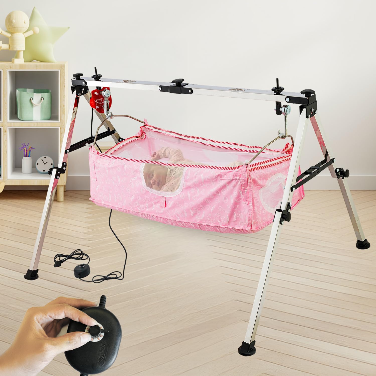 TINYTYKE Automatic Cradle for Baby - Electric Swing Cradle with Adjustable Speed - Fully-Foldable Frame with Pink Cloth and Mosquito Net - Baby Palna/Jhula for Kids of 0 to 3 Years - Carry Upto 20kgs
