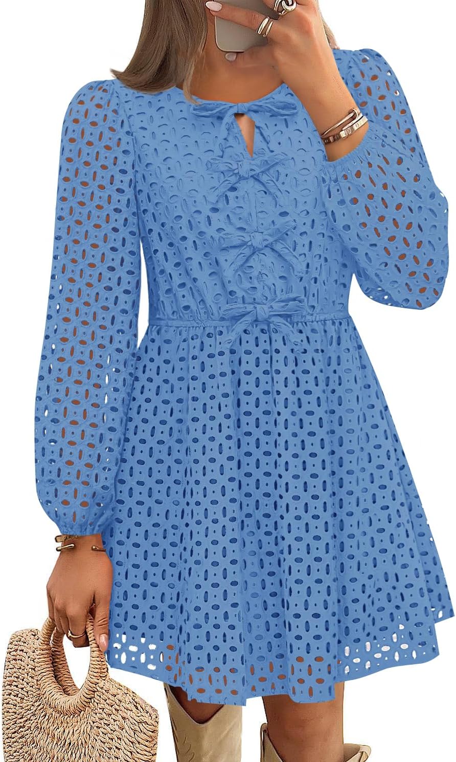 ZESICA Women's Long Sleeve Mini Dress 2025 Fall Crewneck Tie Front Hollow Out Eyelet Babydoll A Line Short Dresses