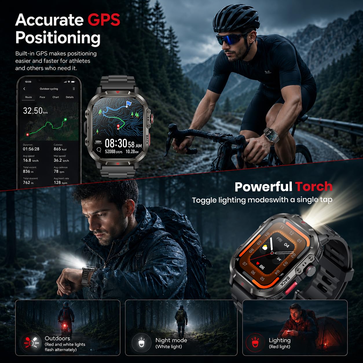 Orologio Smartwatch Uomo con GPS Tracker: 1.95" HD Smart Watch con Chiamate Bluetooth Torcia LED Cardiofrequenzimetro SpO2 Sonno Impermeabile 100+ Fitness Sport Contapassi Watches per IOS e Android