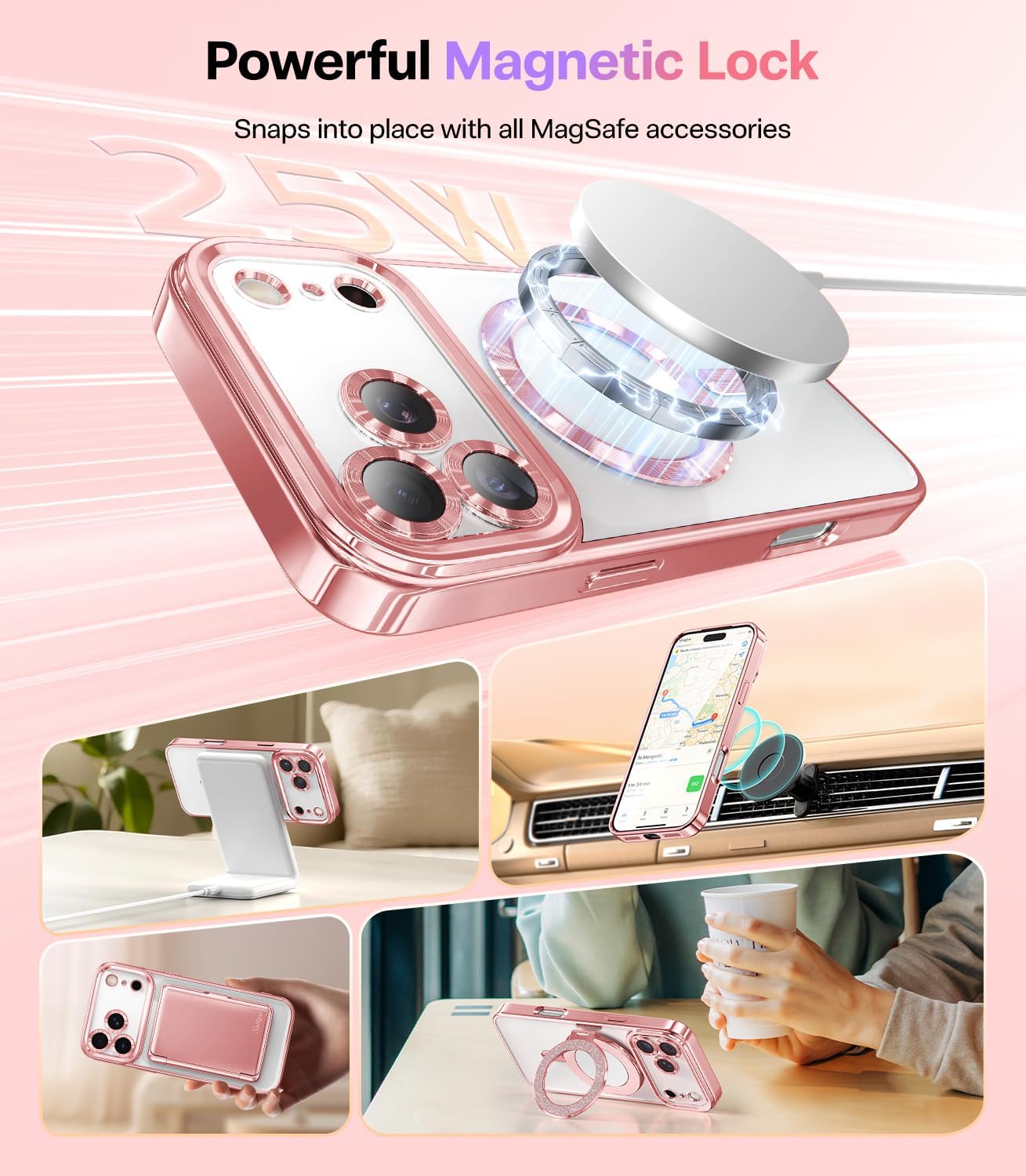 Meifigno Designed for iPhone 17 Pro Case 6.3", [Glitter Card & Wrist Strap][Compatible with MagSafe][2X HD Screen Protectors] Surround Raised Lens Protection for 17 Pro Phone Case for Women, Rose Gold - Image 7