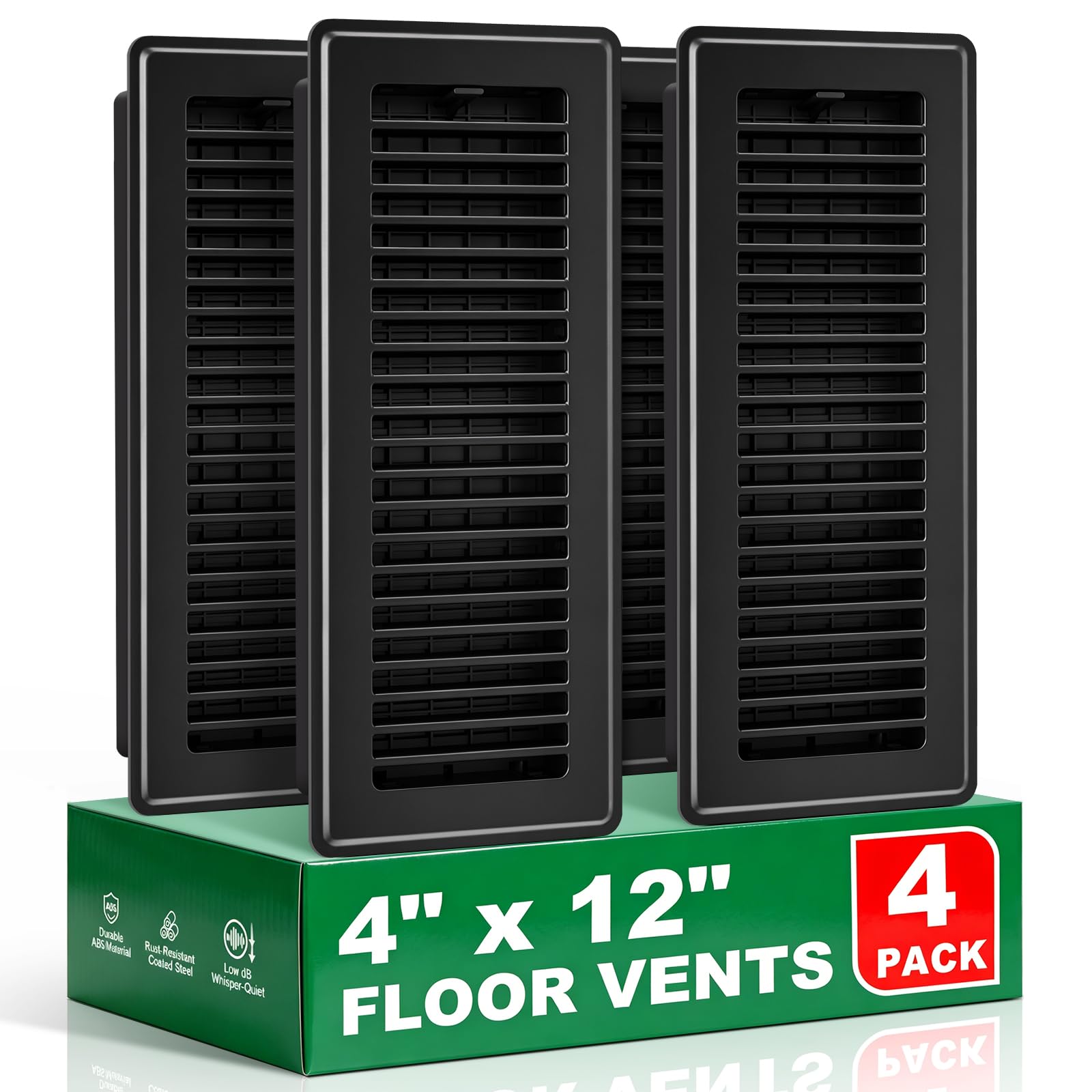 Lot de 4 grilles d'aération noires pour sol de la maison, en métal enduit de pulvérisation antirouille avec levier de commande réglable, idéal pour les systèmes CVC, les aérations de sol du salon et