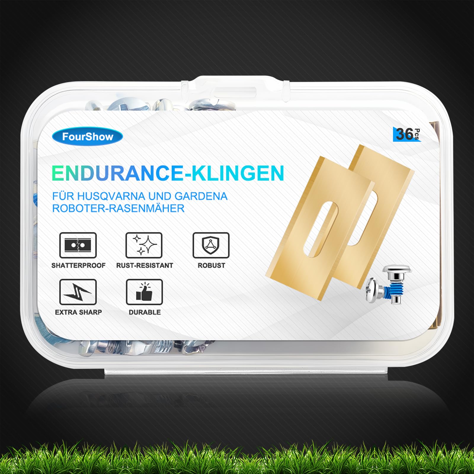 FourShow 36 Stück Endurance Klingen kompatibel mit Allen Husqvarna Rasenrobotern, langlebige Titan-Ersatzklingen, inklusive Schrauben mit Sicherheitsbeschichtung
