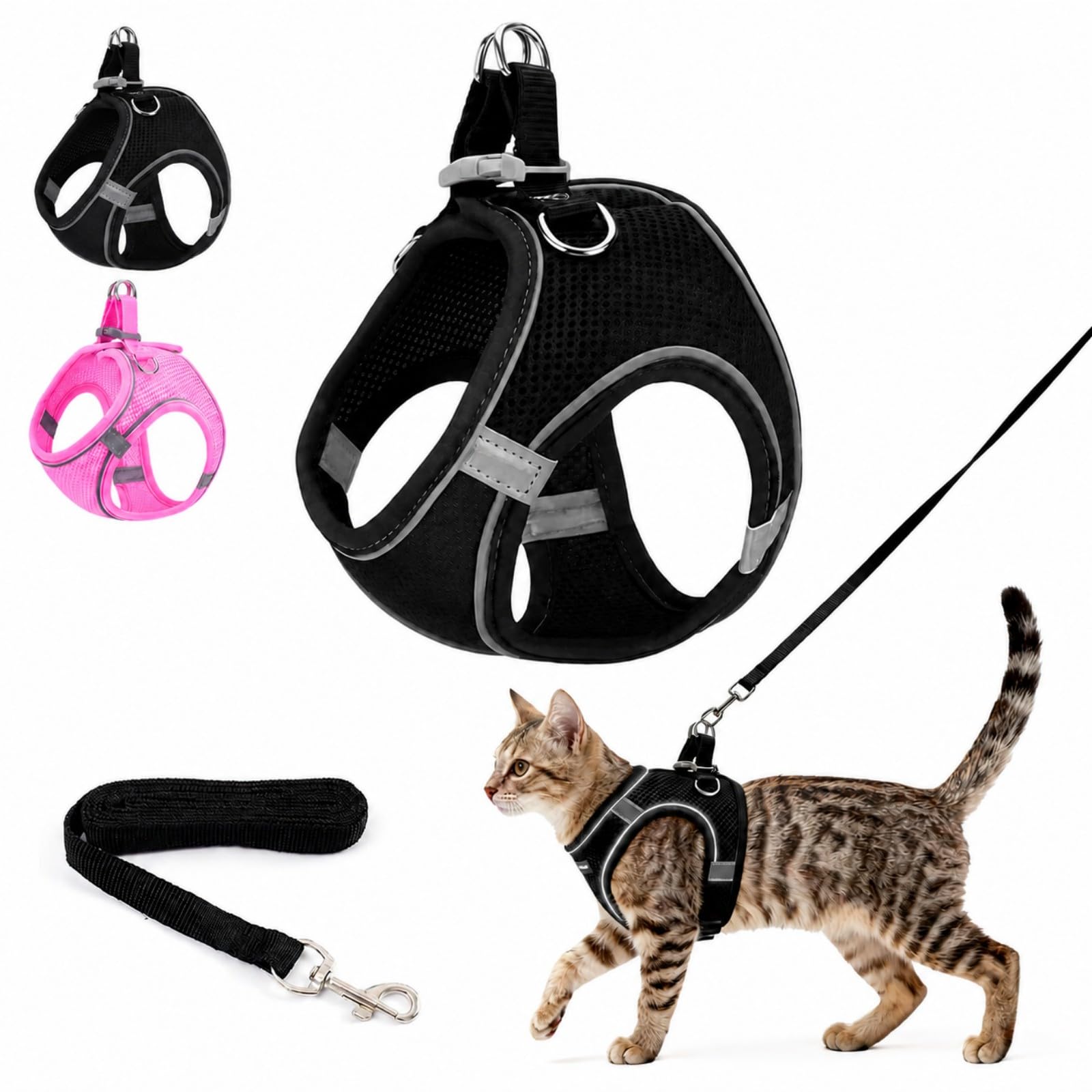 Cat Harness and Lead Set, Kitten Adjustable Leash Escape Proof UK with Reflective Strips, Essentials for Cats Kitten Outdoor Travel (Black, L)