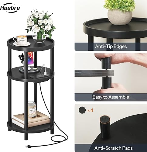 Miniatura 7 de HOOBRO Mesa auxiliar redonda pequeña con estación de carga, mesa auxiliar redonda de bambú de 3 niveles, mesa de noche compacta para espacio