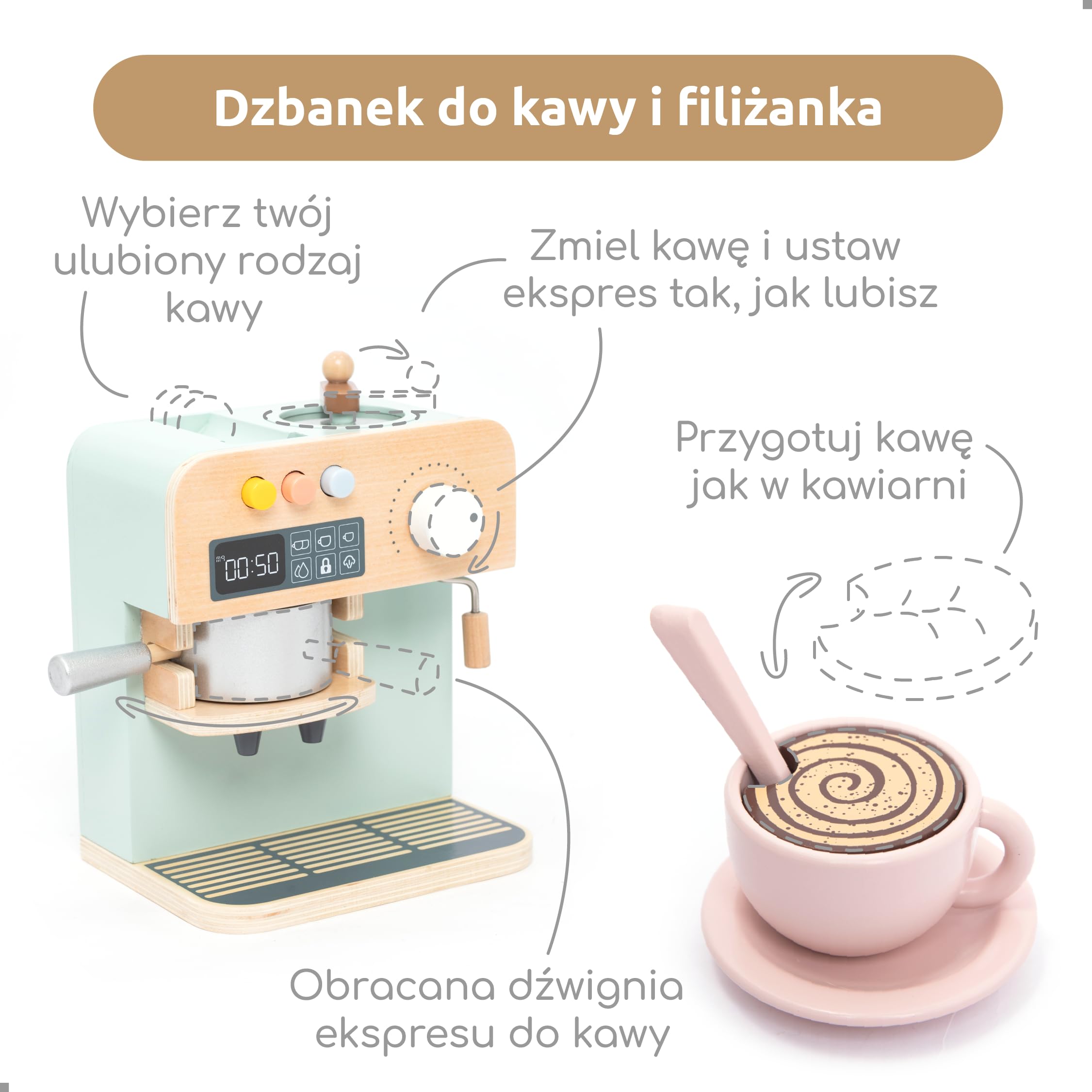 UMU Drewniany ekspres do kawy dla dzieci, akcesoria kuchenne do zabawy dla małych dzieci, zestaw do odgrywania ról, spersonalizowana drewniana zabawka dla dzieci od 3 lat