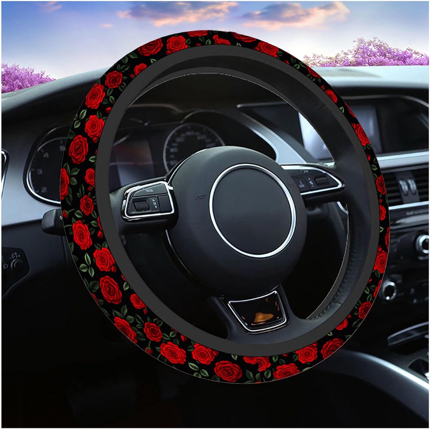 Swono Rose Red Steering Wheel Covers 15" Inch Vintage Red Roses and Green Leaves Universal Fit Most Car Sedans SUVs Comfort Grip Comfortable Neoprene Breathable Steering Wheel Protector