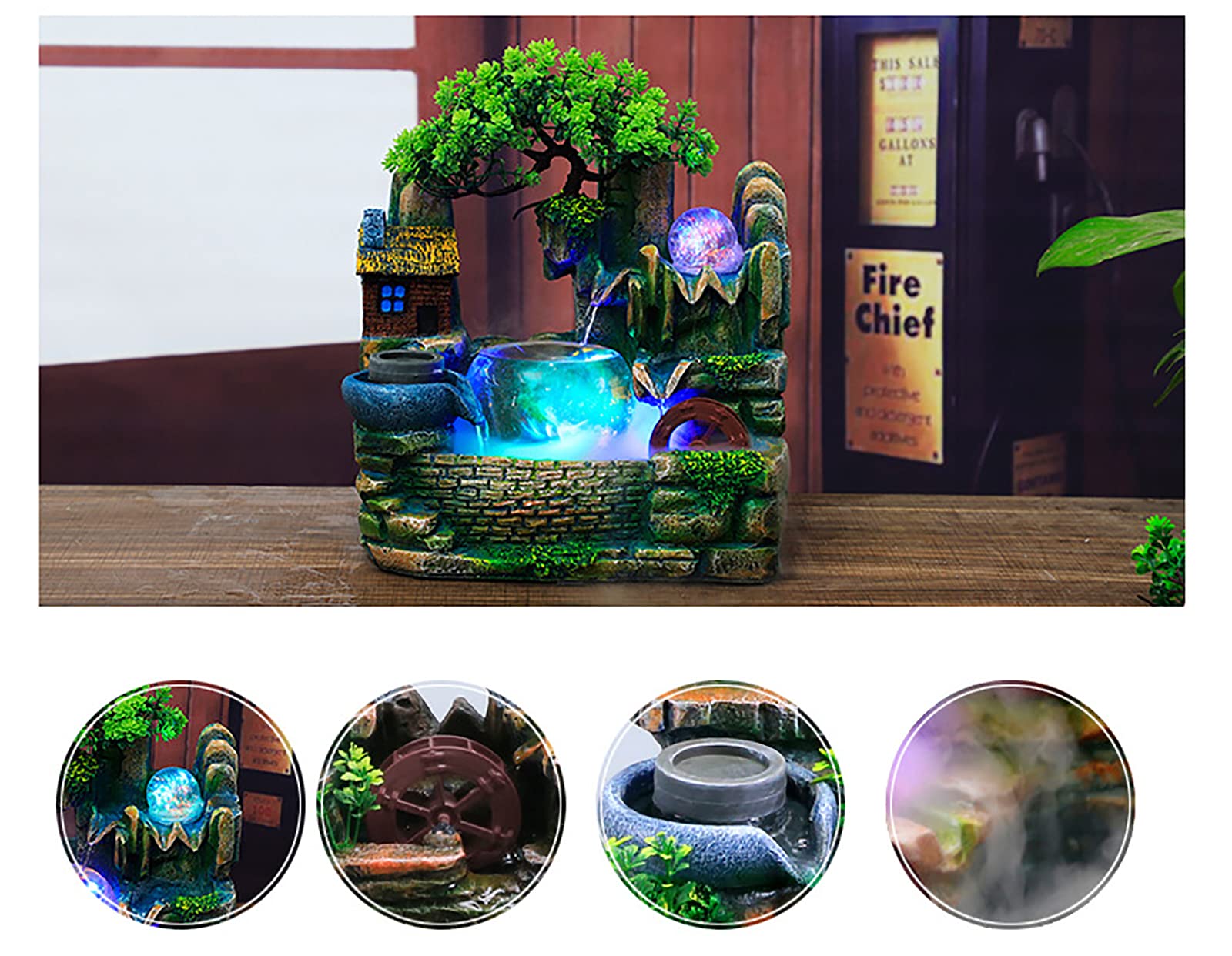 Fontaine d'intérieur - Cascade - Fontaine de table avec éclairage LED et brouillard - Petite fontaine d'intérieur avec plantes - Décoration Salon, Pour le placement dans le salon, le bureau