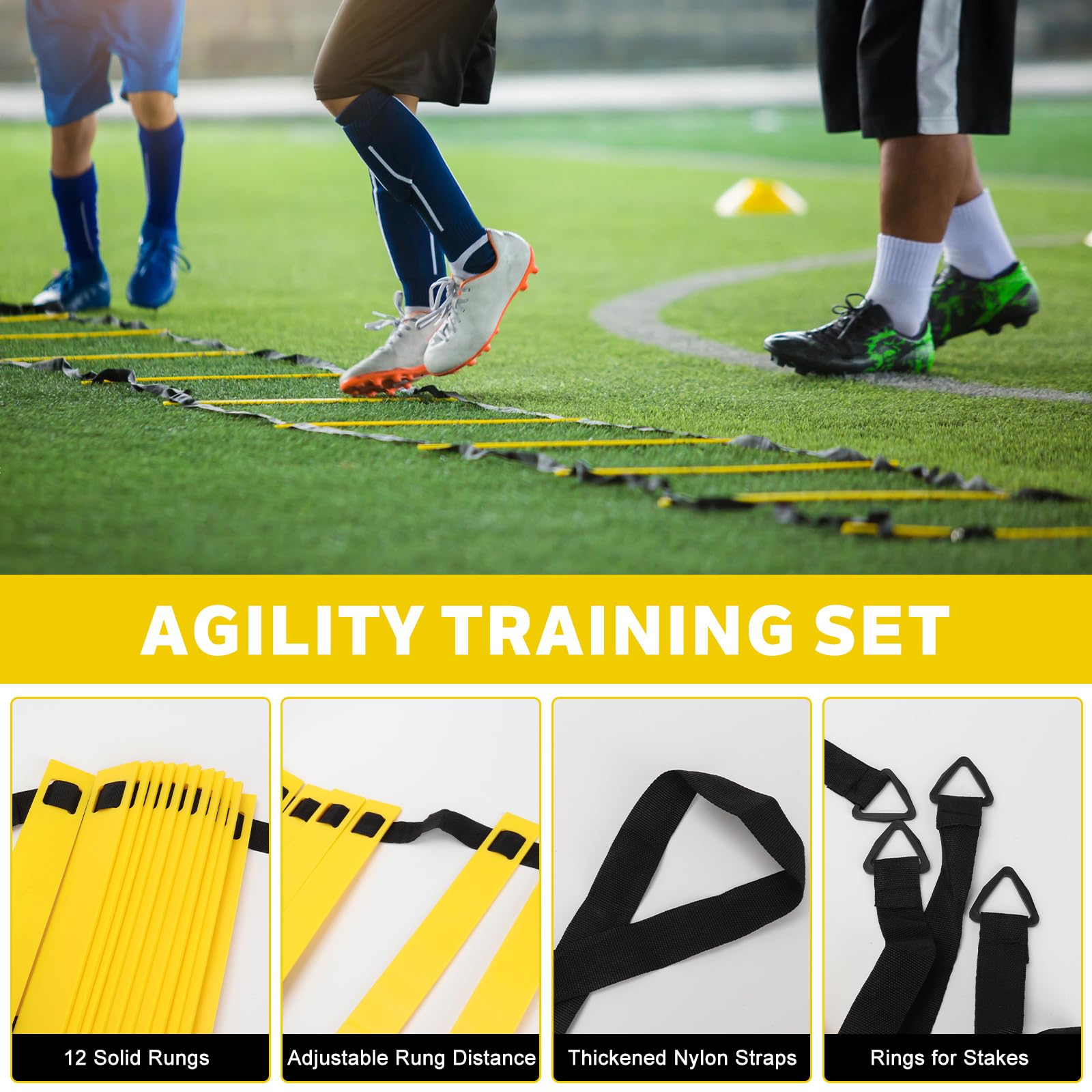 LangRay Accesorios de Entrenamiento de Fútbol con Escalera de Coordinación 6 m, 12 Conos, 1 Cuerda de Saltar, 1 Entrenador de fútbol, 5 Bandas de Resistencia, Regalos de Fútbol para Niños