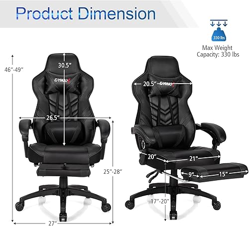 Miniatura 3 de GYMAX Silla para videojuegos, silla ergonómica para computadora con reposapiés, reposabrazos de enlace y cojín lumbar, silla grande y ancha
