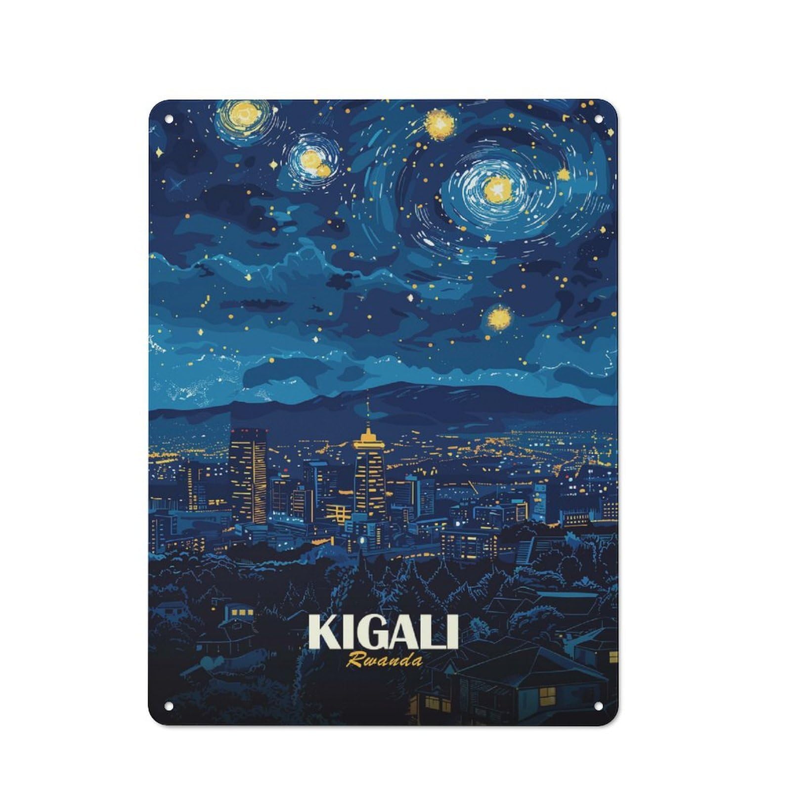 Junmoney Style-3 Kigali Rwanda Starry Night Cityscape Printed Metal Sign 40X30cm For Man Cave Or Games Room, Suited To Games Room Collectors