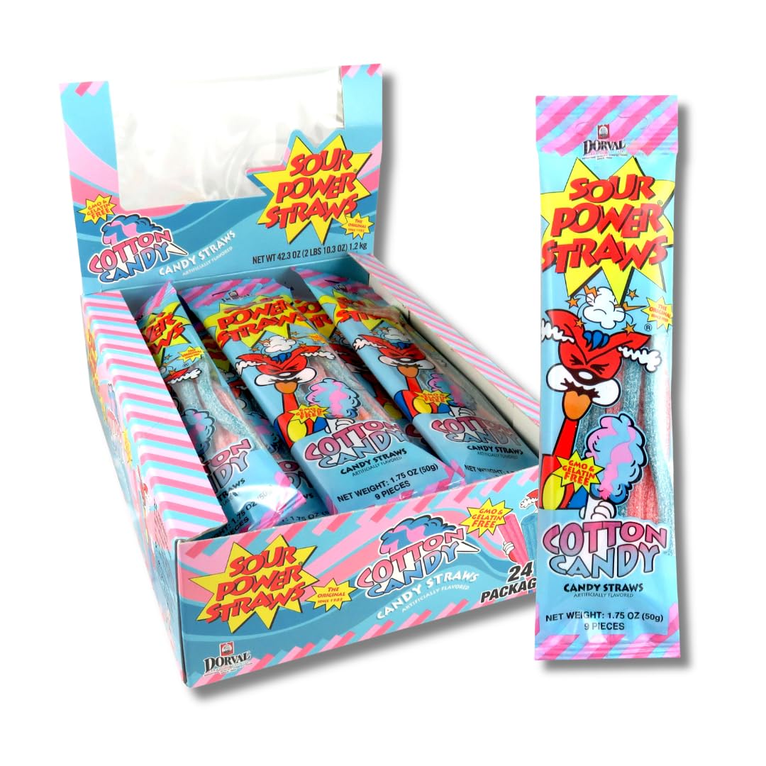 Sour Power Candy Straws, Cotton Candy, 1.75 oz (Pack of 24)