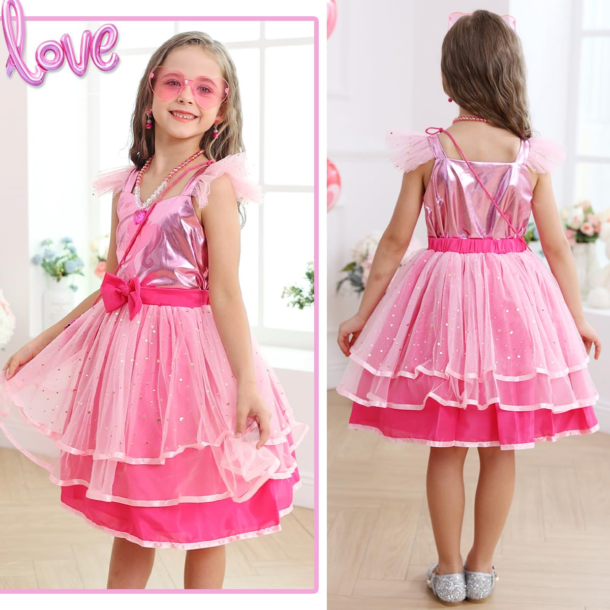 Snyemio Girls Princess Costume Pink Kids Fancy Dress Up with Accessories Carnival Halloween Cosplay, 2-3 Years(Label 100) - Image 3