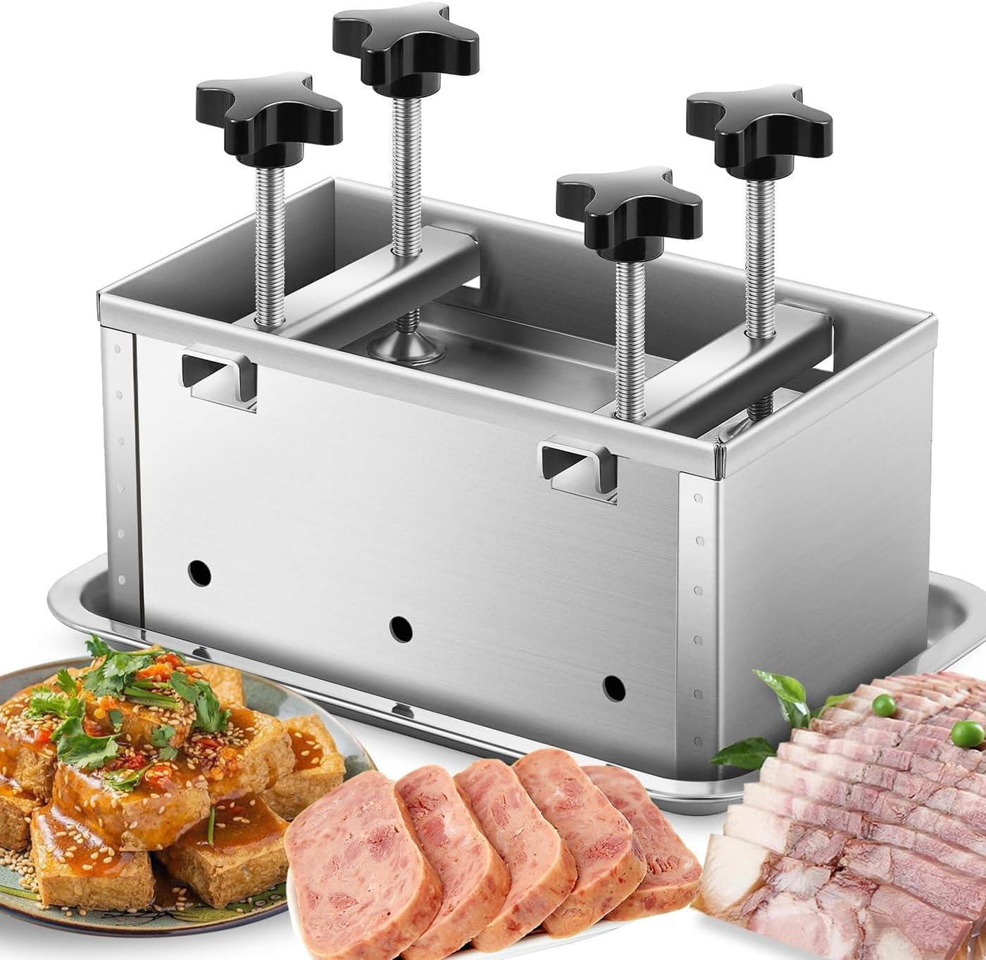 Prensa de carne de acero inoxidable con 4 tornillos para hamburguesas caseras, deslizadores, barbacoas, parrillas, jamón para hacer carnes de almuerzo