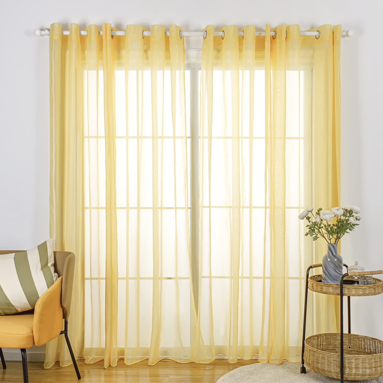 SIMPVALE - Tende a 2 Pannelli in Voile Trasparente con Occhielli, per finestre, Balcone, Soggiorno, Larghezza 140 cm/Altezza 270 cm, Giallo