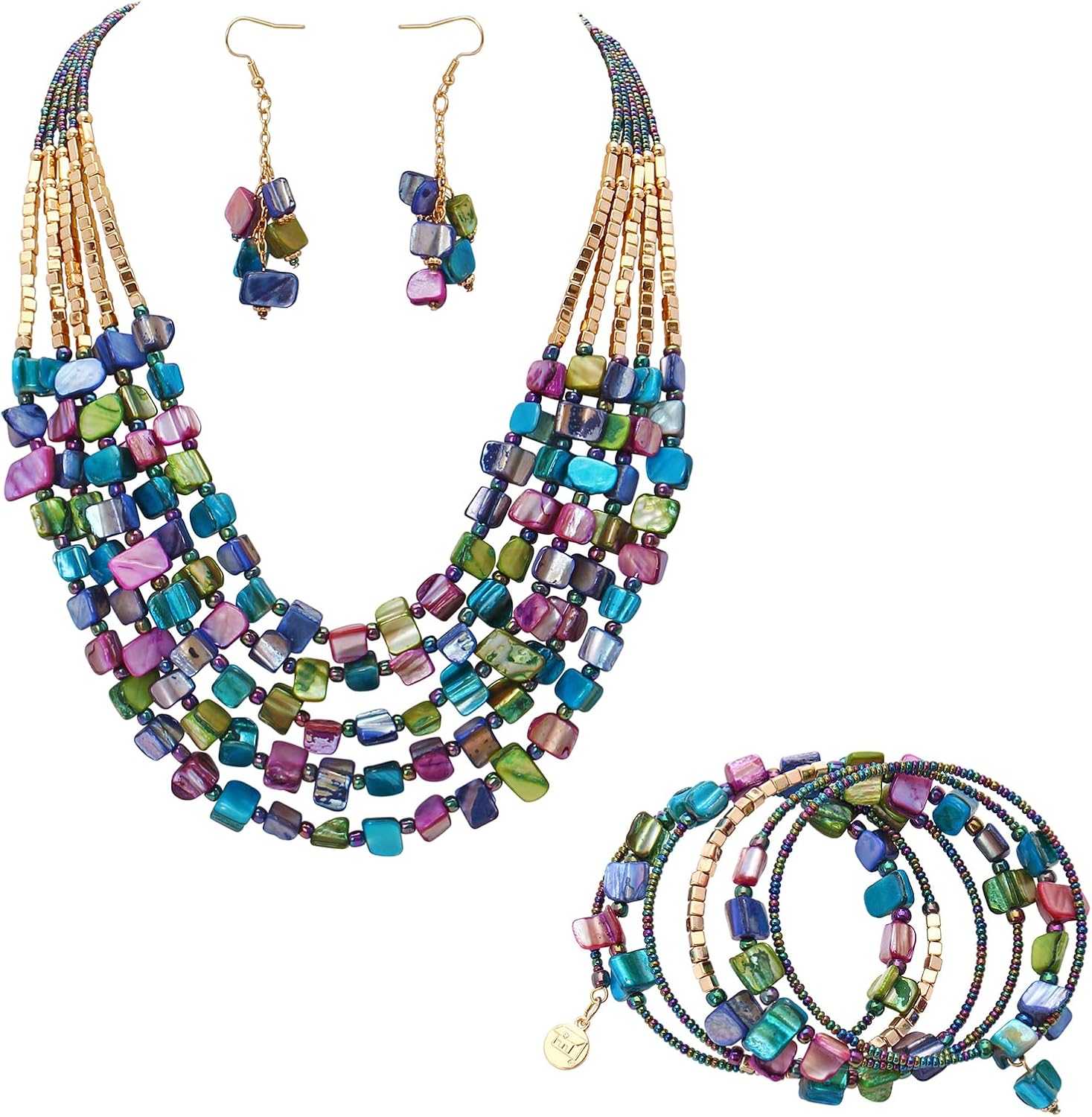 Firstmeet Bohemian Layered Shell Beaded Necklace Set Seed Bead Irregular Costume Jewelry for Women