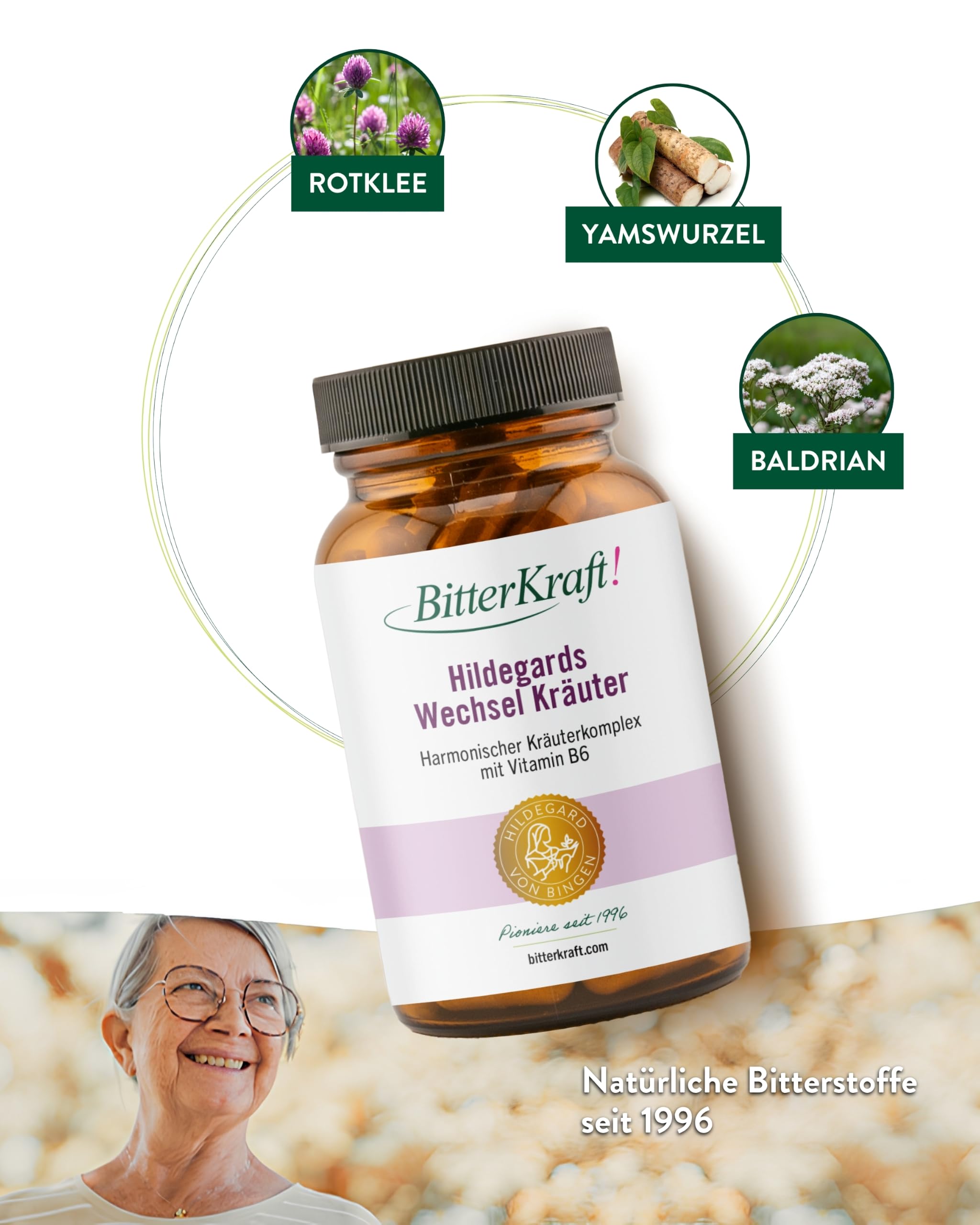 BitterKraft! Wechseljahre-Kapseln 90 Stk – mit Yamswurzel, Rotklee & Baldrian, Eisen, Vitamin B6 B12, Calcium, Folsäure – ohne Zusatzstoffe – natürliche Balance –100% Natur – Vegan - Made in Germany
