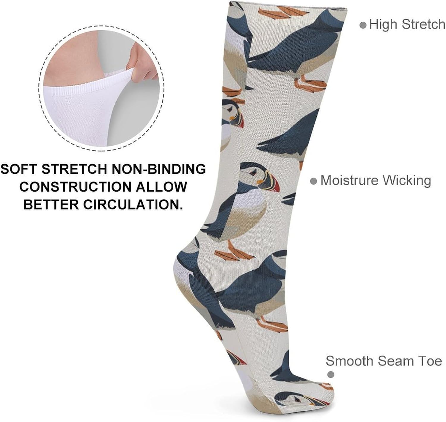 Puffins-Cute Knee High Socks Casual Long Stockings Over Calf Sock Tube for Women Men
