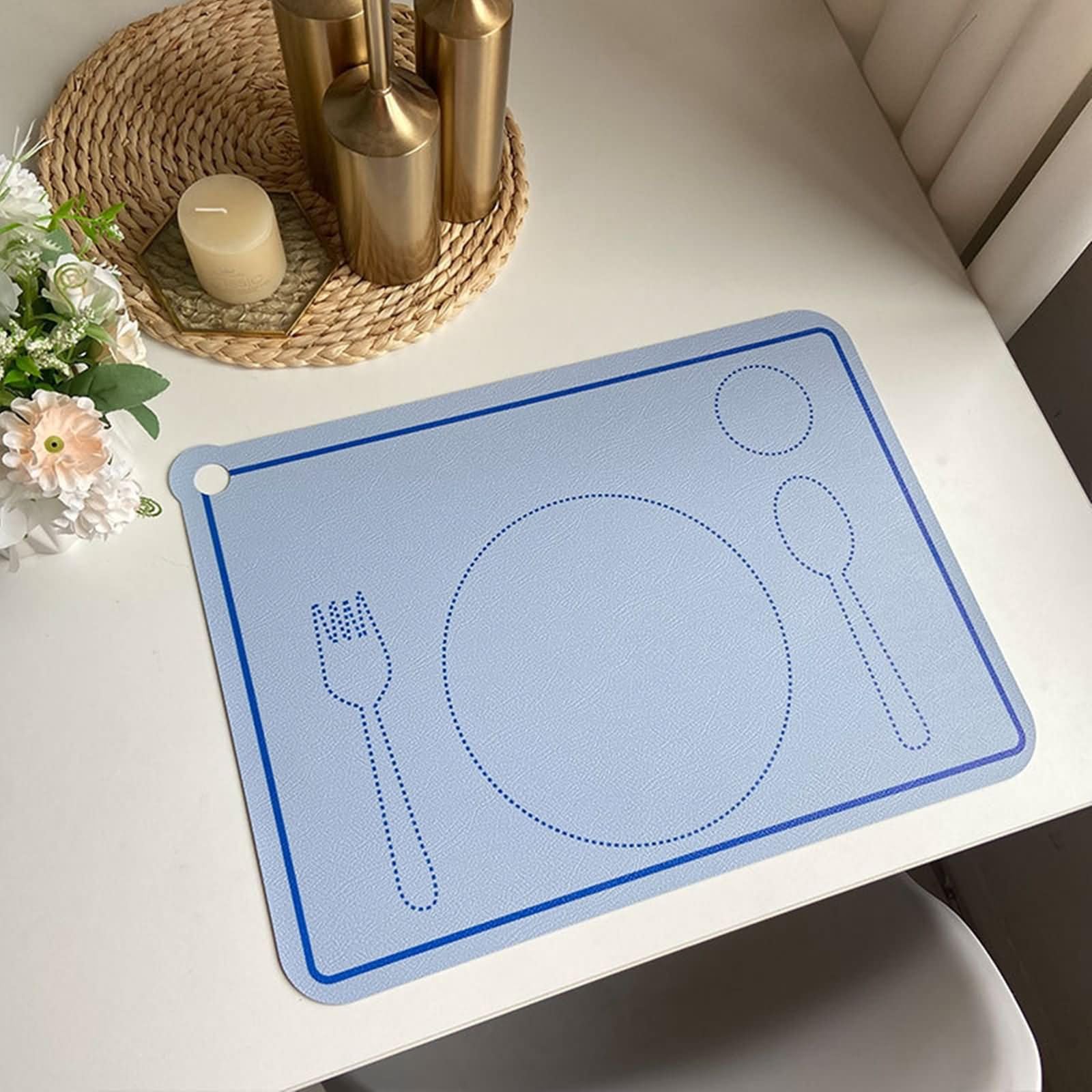 Platzset 8 Stück Waschbar rutschfest, 30 x 41.5 cm Platzsets Abwaschbar Leder Blau, Rechteck mit Löffel und Gabelmuster