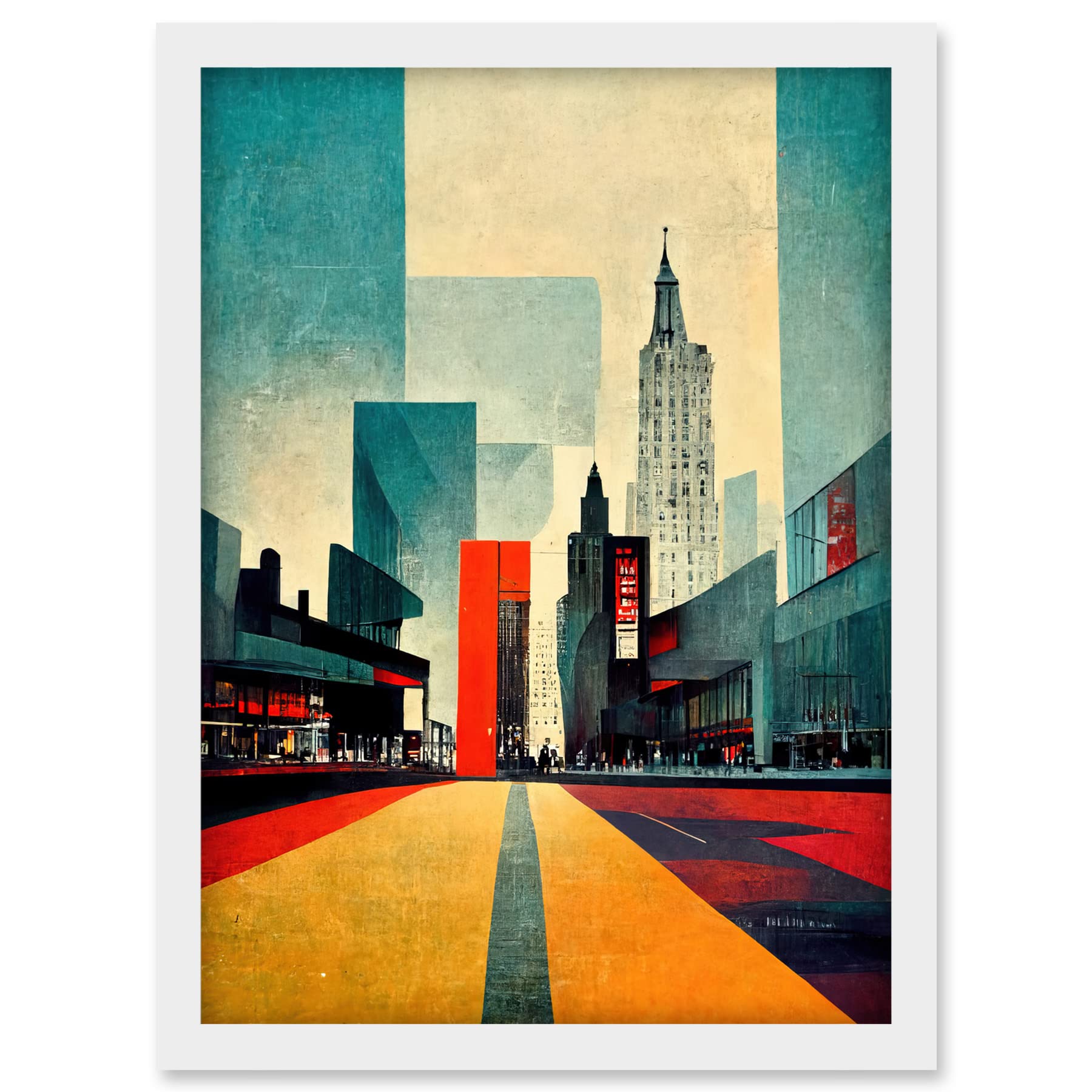 Doppelganger33 LTD Broadway New York City Street Modern Cityscape Artwork Framed A3 Wall Art Print, Framed White A3, 45.5L x 33W cm