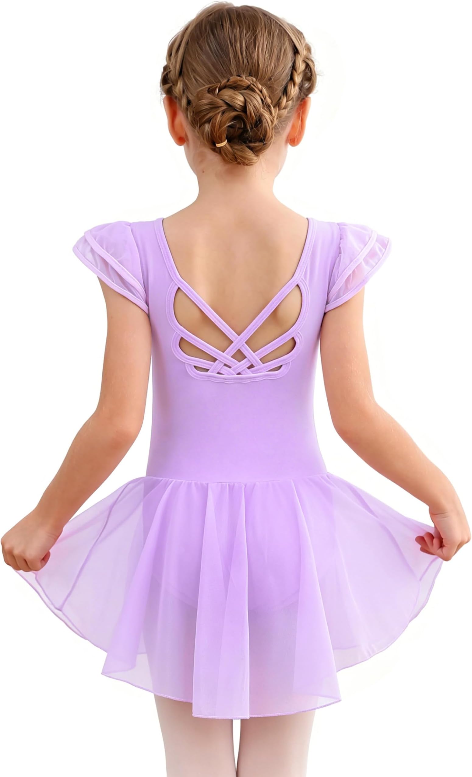 MdnMd Girls Dance Ballet Leotards Dresses for Toddler Ballerina Outfit Skirt Hollow Knot Back Flutter Sleeve