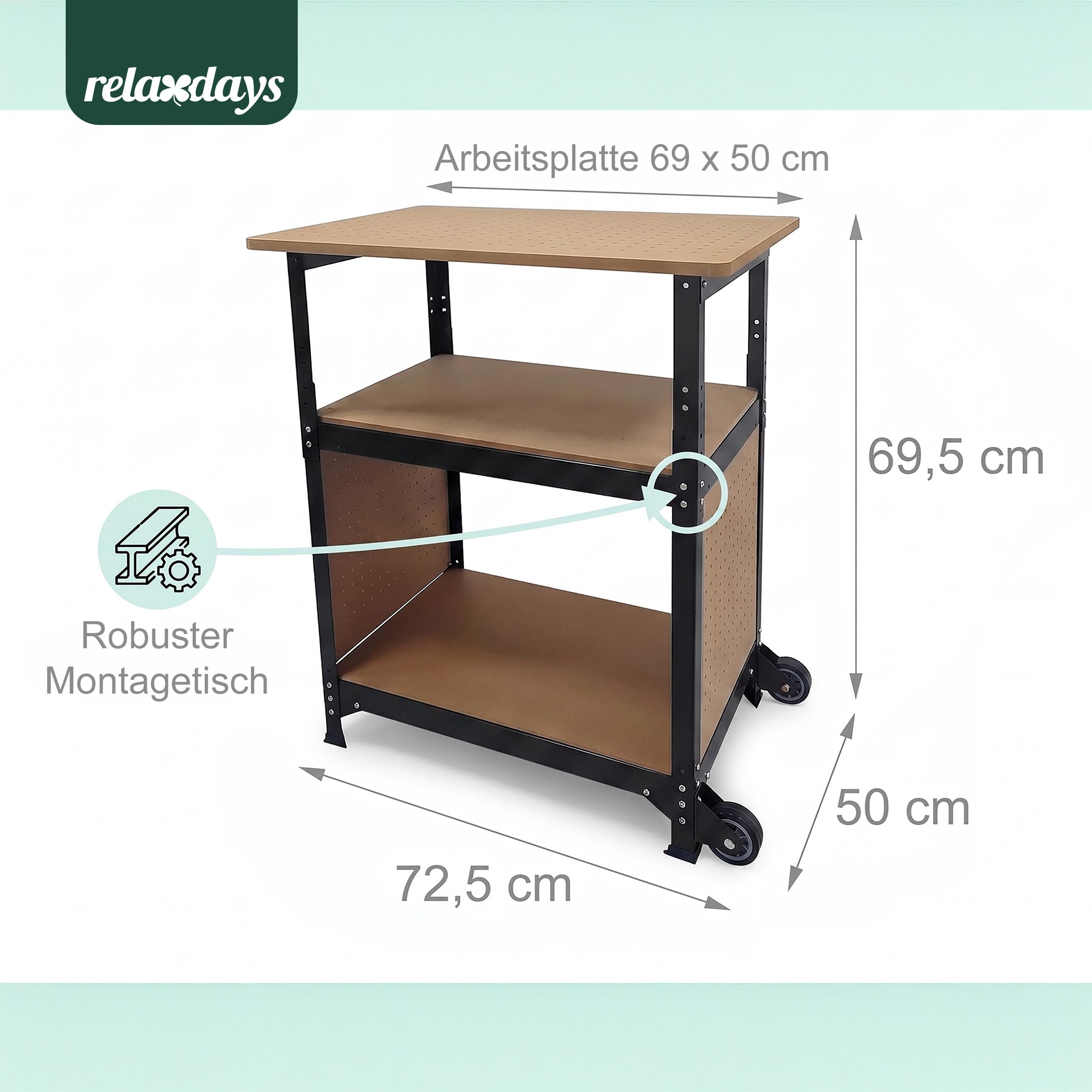 Relaxdays Werkbank, mit Rollen, HBT: 69,5x72,5x50 cm, höhenverstellbar, Werktisch mit Lochwand, Stahl & MDF, schwarz