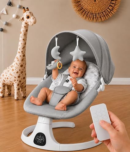 3 in 1 Multfunctional Baby Swing with Remote Control,5 Swing Angles, Music, Adjustable Recline & Plush Toys (Grey)