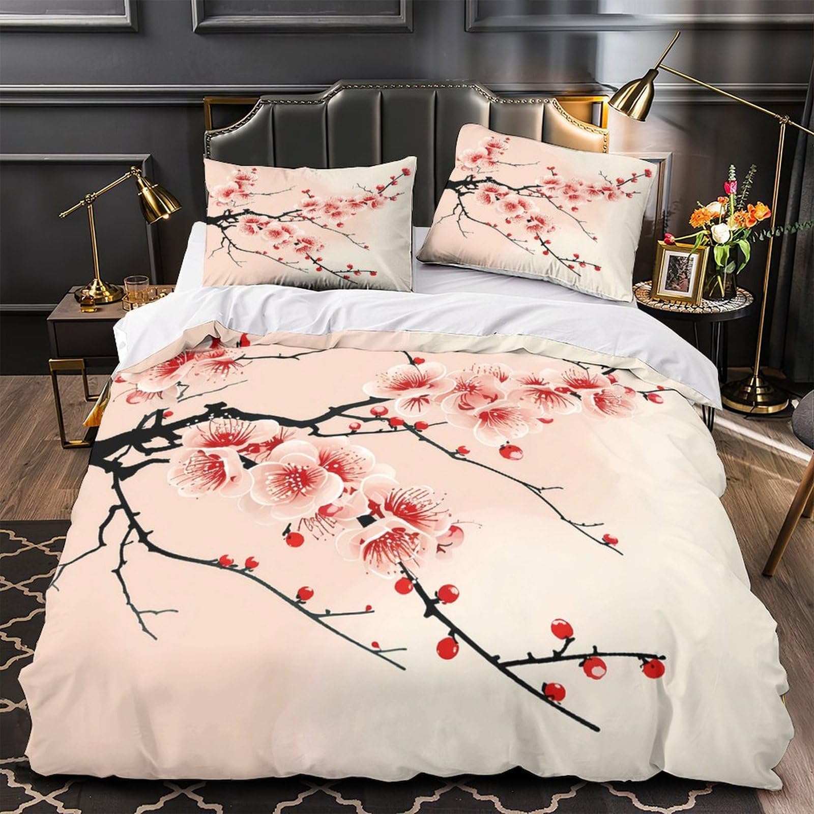 Linge de lit hypoallergénique fleurs d'Asie imprimé 3D pour peau sensible
