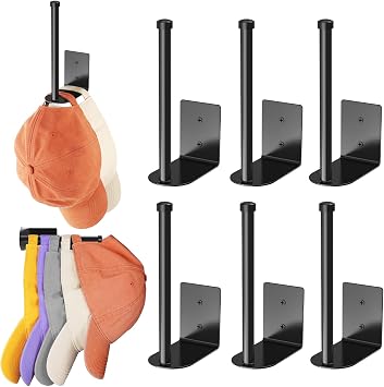 Durmmur 6 Pack Hat Racks for Baseball Caps, Stainless Steel Hat Organizer for Baseball Cap, Hat Holder Storage Organizer, Hat Hanger Strong Adhesive/Wall Drilled for Door, Bedroom, ClosetBlack 6 in
