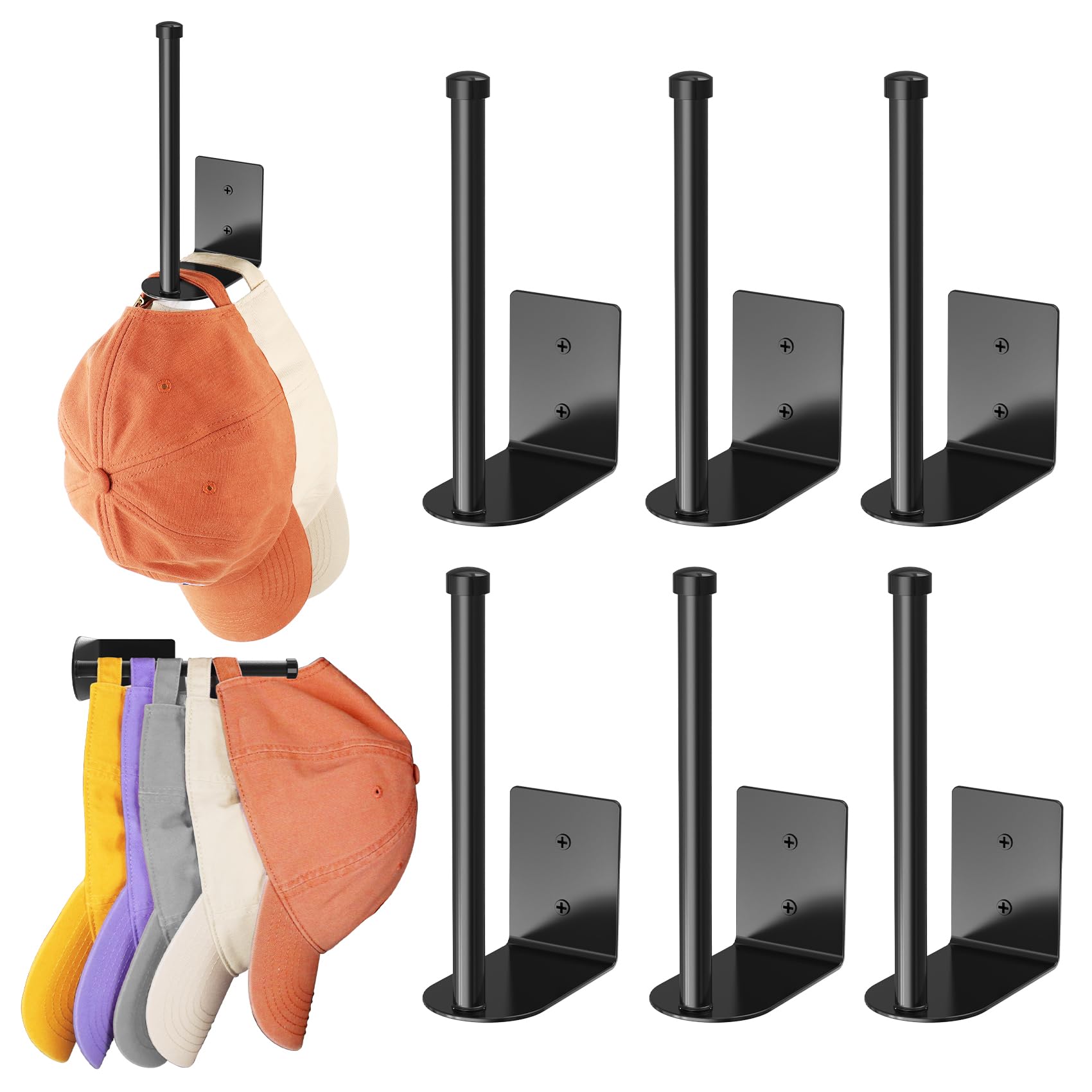 6 Pack Hat Racks for Baseball Caps, Stainless Steel Hat Organizer for Baseball Cap, Hat Holder Storage Organizer, Hat Hanger Strong Adhesive/Wall Drilled for Door, Bedroom, Closet(Black 6 in)