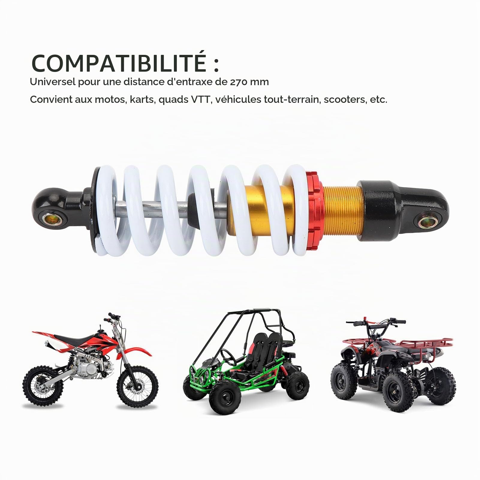 Amortisseur de Moto Robuste de 260 Mm avec Ressort de 11 Mm de Diamètre pour un Amortissement Réglable, Ajustement Universel pour 50 à 150 Motos Tout-terrain, VTT, Quads, Karts