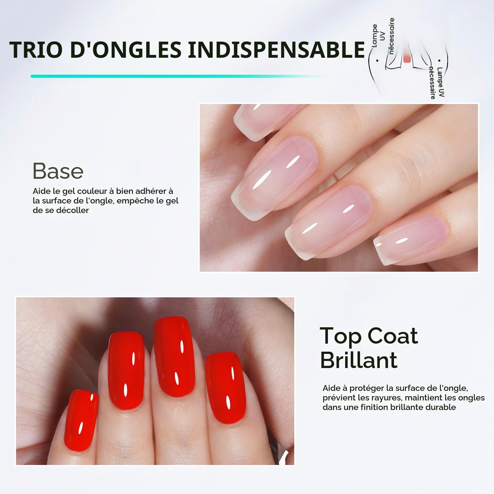 TOMICCA Base et Top Coat Vernis Semi Permanent, 2 * 15ML No Wipe Base Coat et Glossy Top Coat Set, Vernis à Ongles Gel UV/LED Soak-Off Pour Nail Art et Cadeaux Manucure
