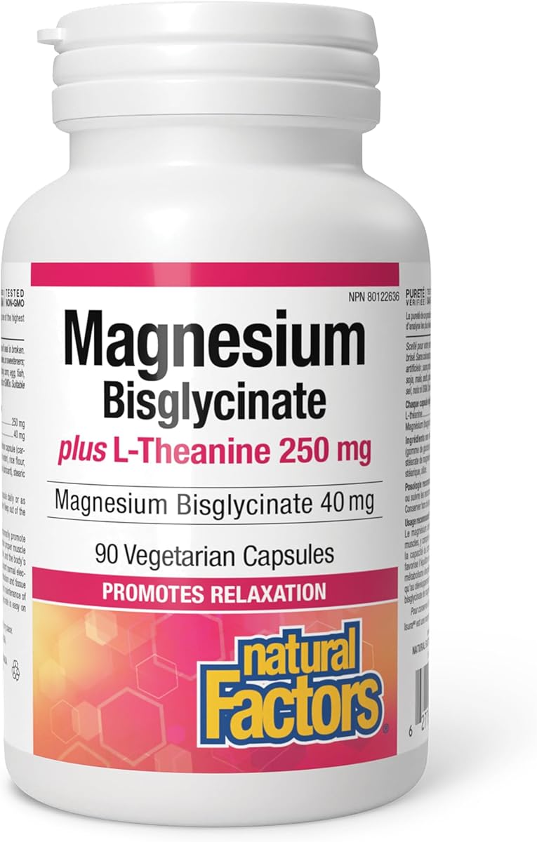 Natural Factors Magnesium Bisglycinate 40 mg Plus L-Theanine 250 mg, 90 Vegetarian Capsules, Promotes Relaxation & Supports Muscle Function, Magnesium Glycinate, Proudly Canadian