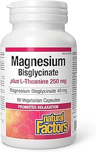 Natural Factors Magnesium Bisglycinate 40 mg Plus L-Theanine 250 mg, 90 Vegetarian Capsules, Promotes Relaxation &amp; Supports Muscle Function, Magnesium Glycinate, Proudly Canadian
