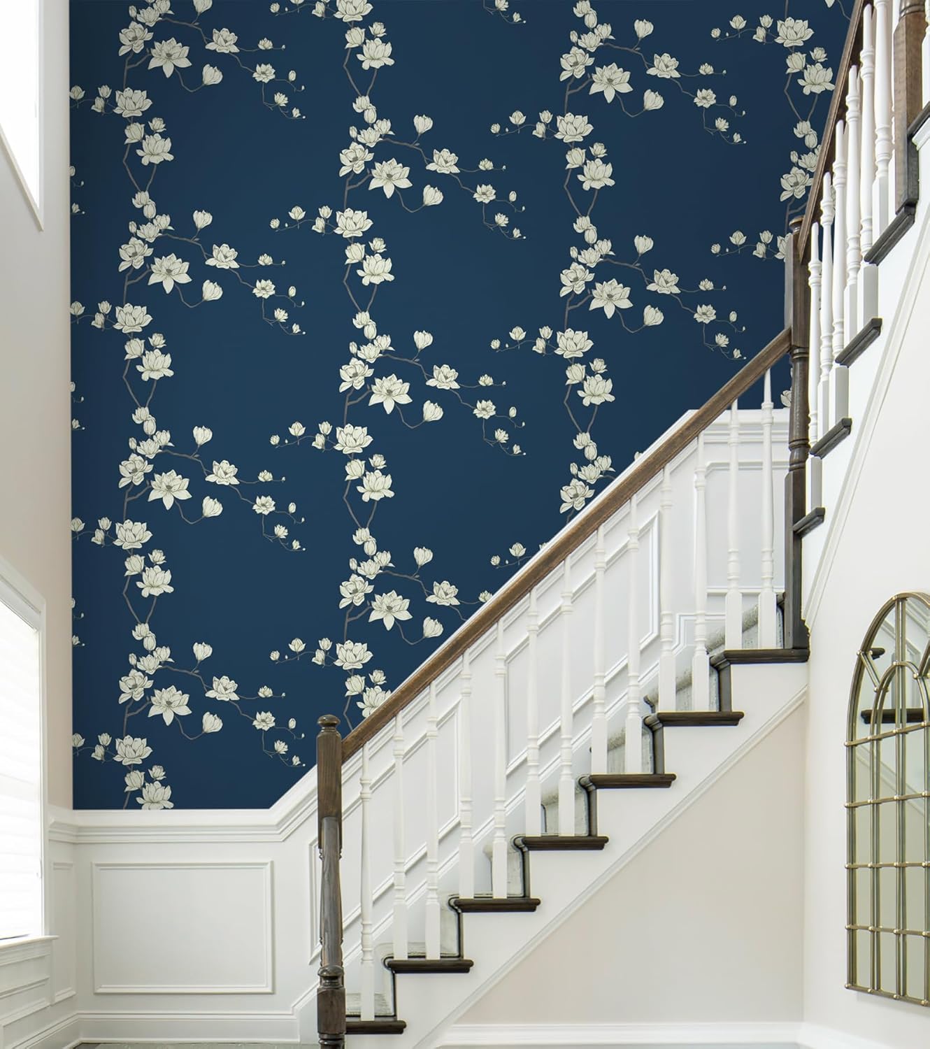 GloryTik Dark Blue Floral Peel and Stick Wallpaper Beige Flowers Contact Paper Self Adhesive Removable Chinoiserie Wall Paper for Living Room Bedroom Bathroom Wall Vinly Roll Decor 17.3" X 118"