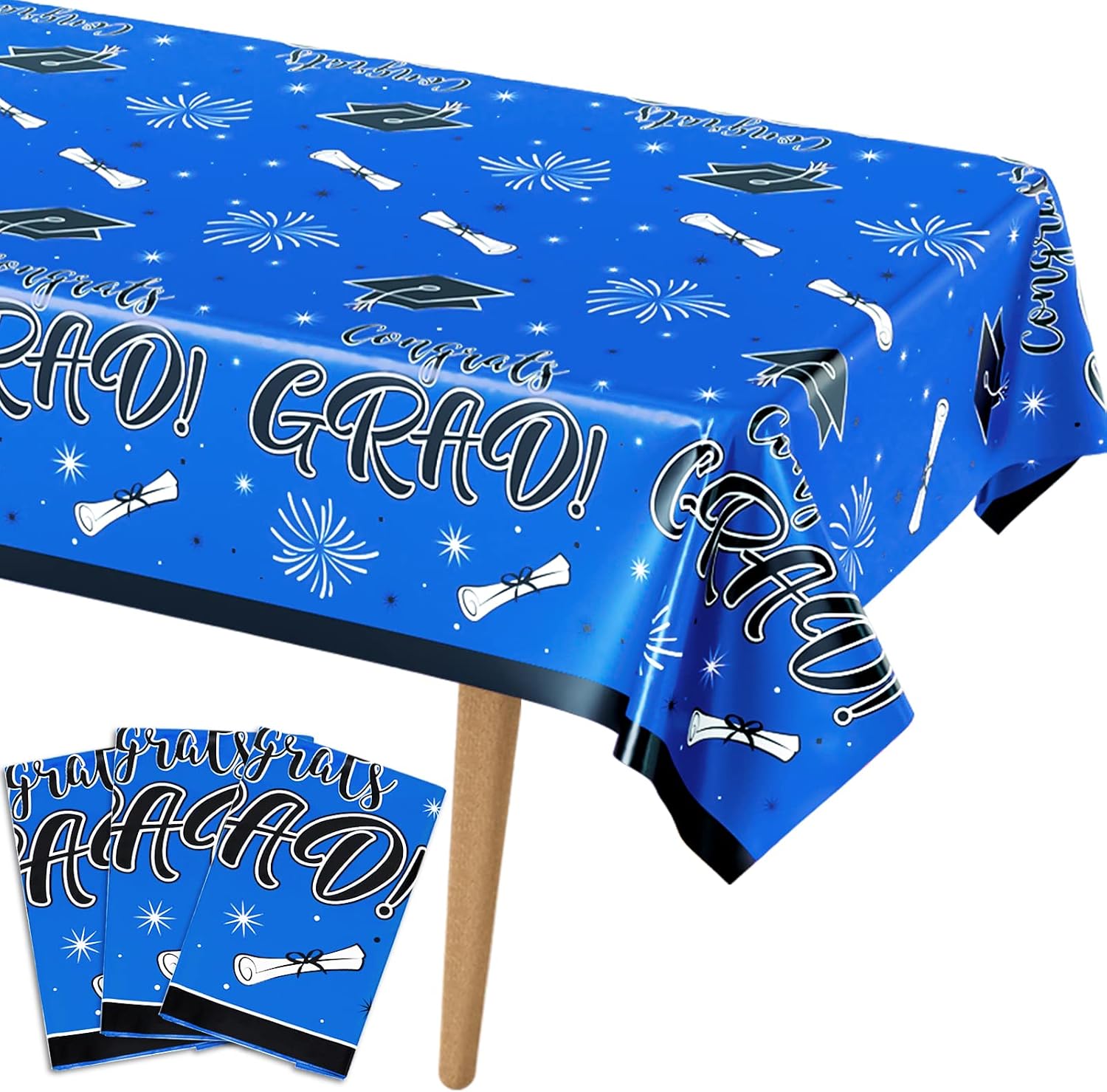 DECORLIFE 3 Pack Graduation Tablecloth, 108 x 54 Inch, Blue Graduation Table Cloths for Class of 2023, Graduation Party Decorations for College High School