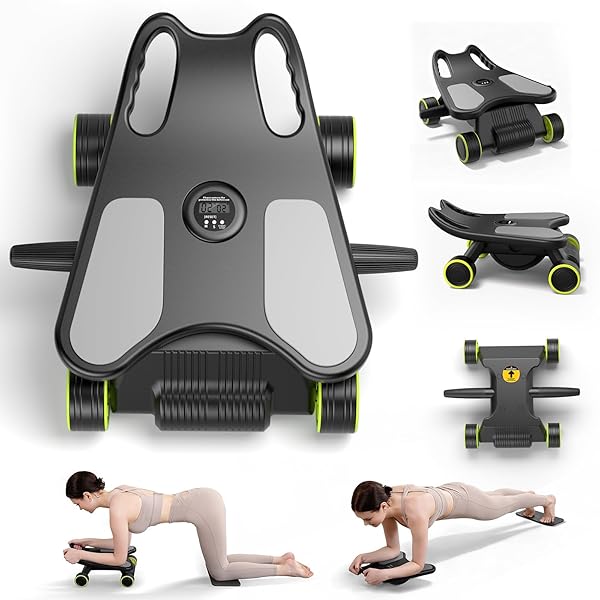 Ab Roller Wheel with Plank Board, Ab Workout Machine with 4 Wheels, Automatic Rebound Abs & Core Workout Equipment for Home Gym with Knee Pad, Full-body Strength Trainer