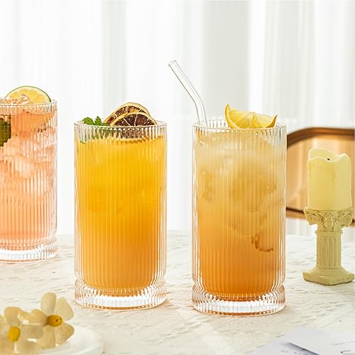 Miniatura 4 de KEMORELA Juego de cristalería vintage acanalada, vasos XL de 16 onzas con pajitas, cristalería acanalada, juego de 4, tazas de vidrio, tazas de café