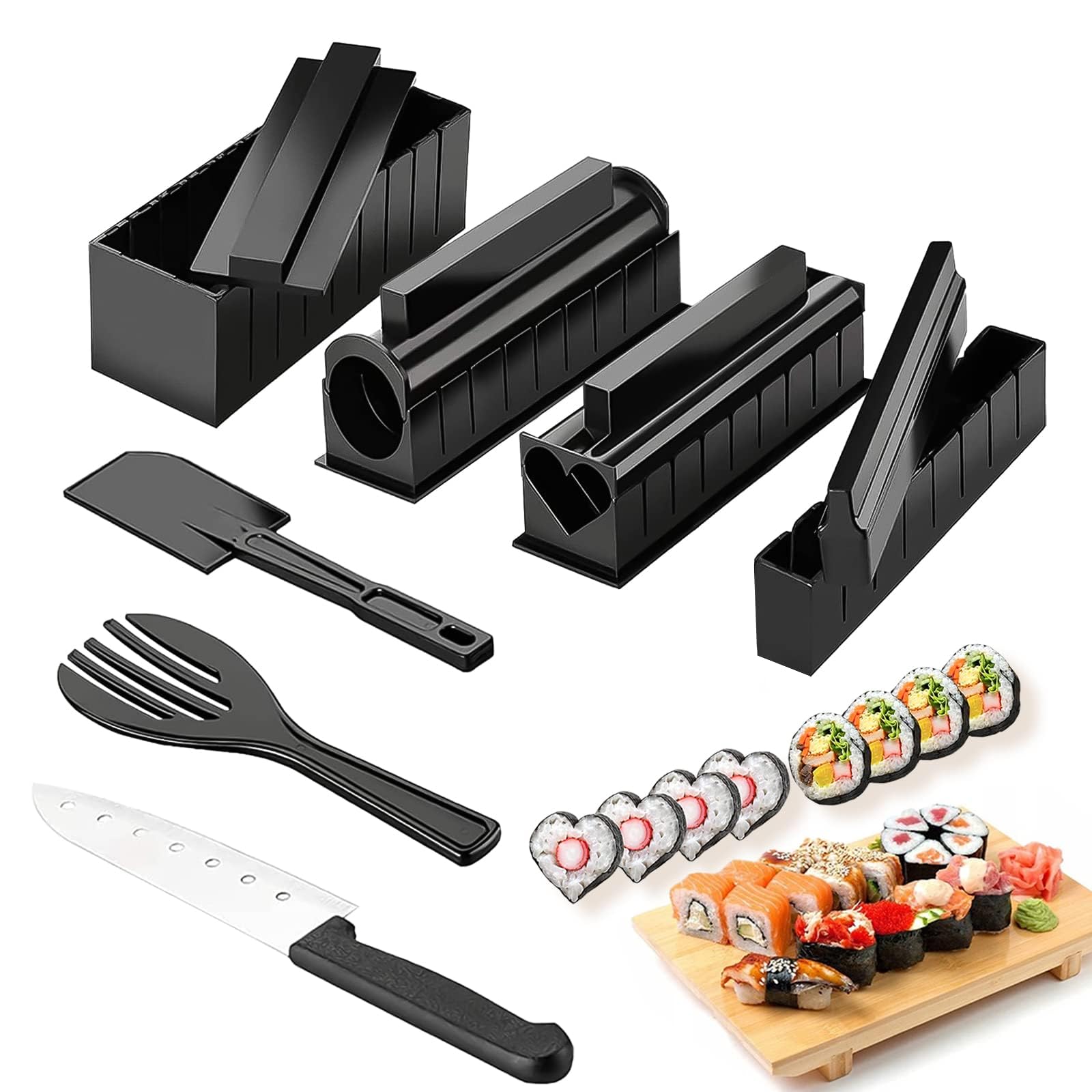 13PCS Sushi Making Kit, Non-Stick Sushi Making Tools Plastic Sushi Mold Set Homemade Sushi Preparation Set Sushi Kit with Rice Paddle and Rolls Multi-Shape Sushi Rice Molds Sushi Set for Beginners