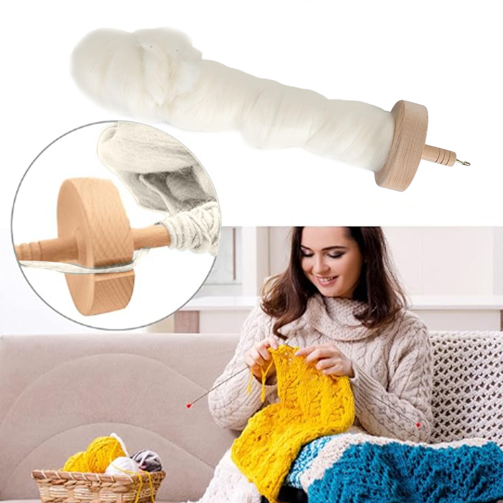 Drop Spindle Top Whorl Yarn Spinner, Drop Spindle Yarn Hand Spindle Wooden Weaving Spindle Whorl Yarn Spin Tool with Wool Top for Beginners for Sewing Accessories