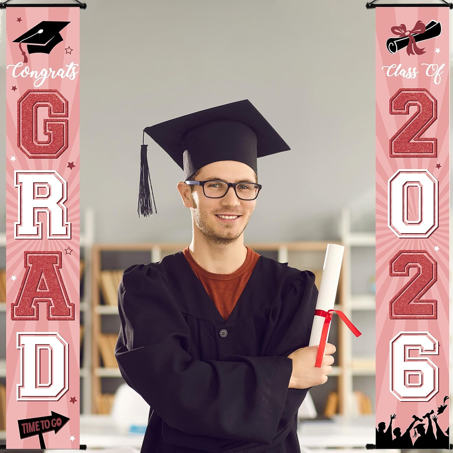 Graduation Banner 2026 Pink Graduation Decorations Grad Banner Porch Sign Class of 2026 Door Decor Congrats Hanging Backdrop Pink Gold White Grad Party Decor for School Congratulations Supplies