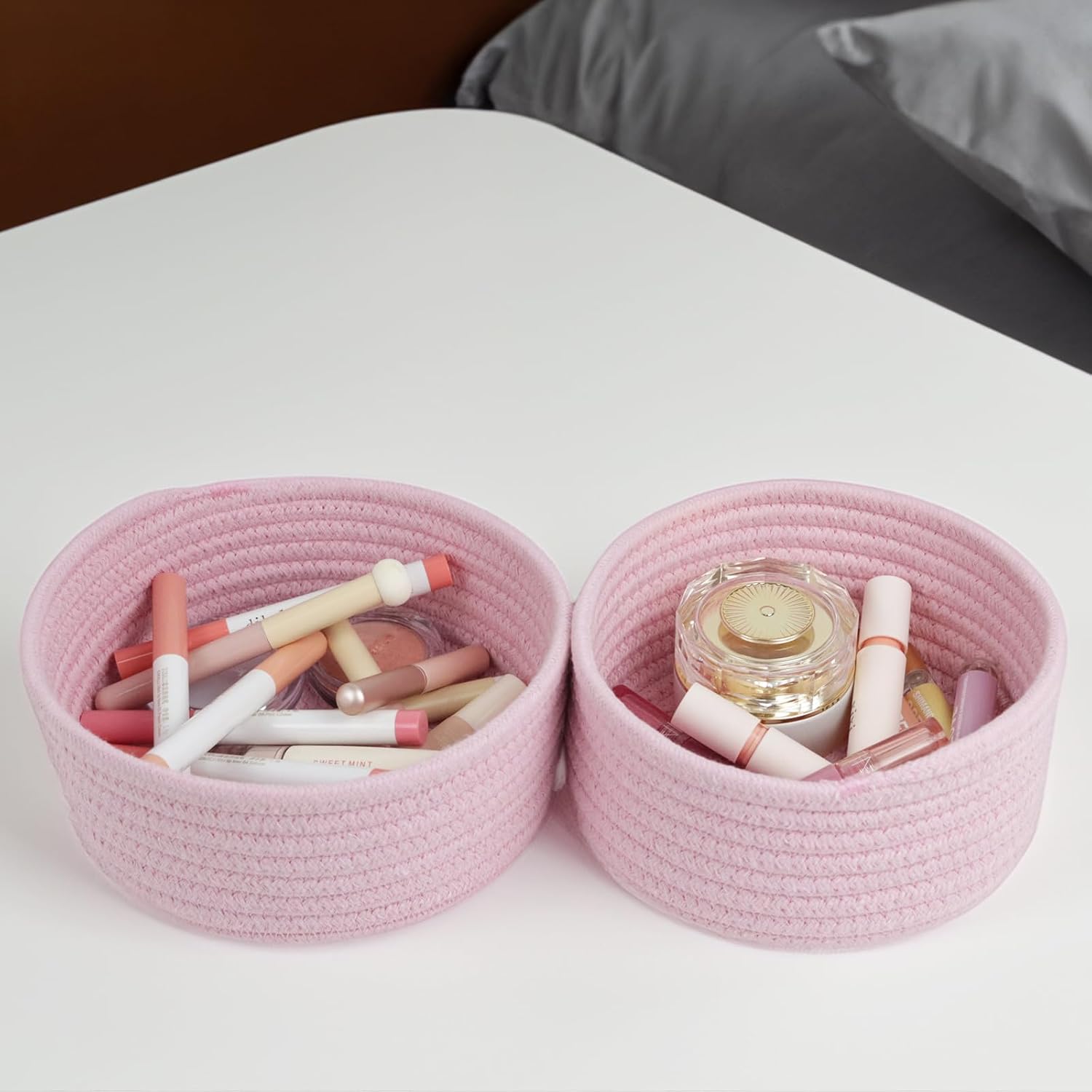 Small Storage Basket, Set of 3 Woven Baskets, Cotton Rope Small Baskets for Organizing, Cute Mini Tiny Round Basket, Bathroom Organization Bin (Pink)