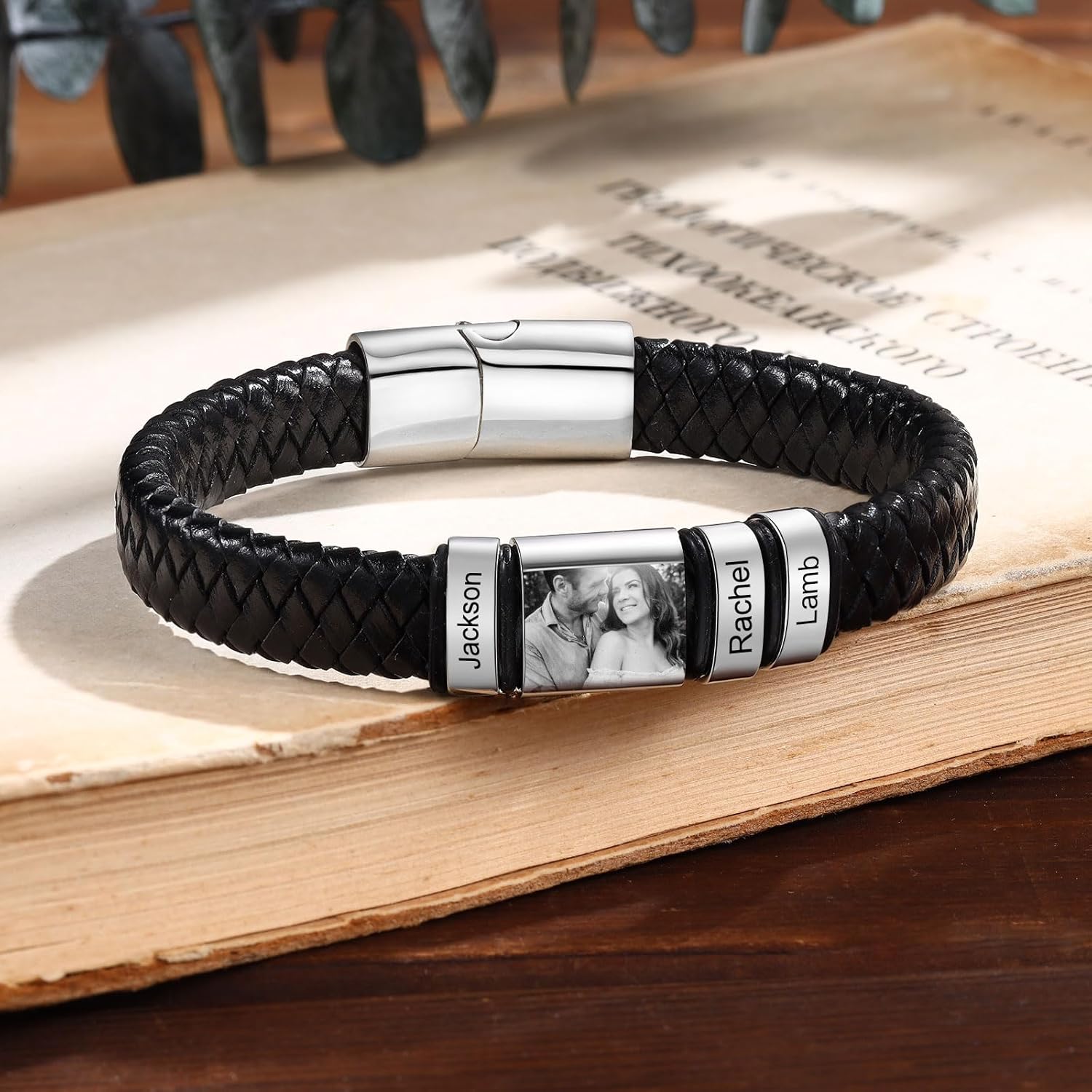 Personalized PU Leather Bracelet with Photo for Men Leather Bracelet Beads Engraved Names for Dad Husband Personalized Gifts Silver Black