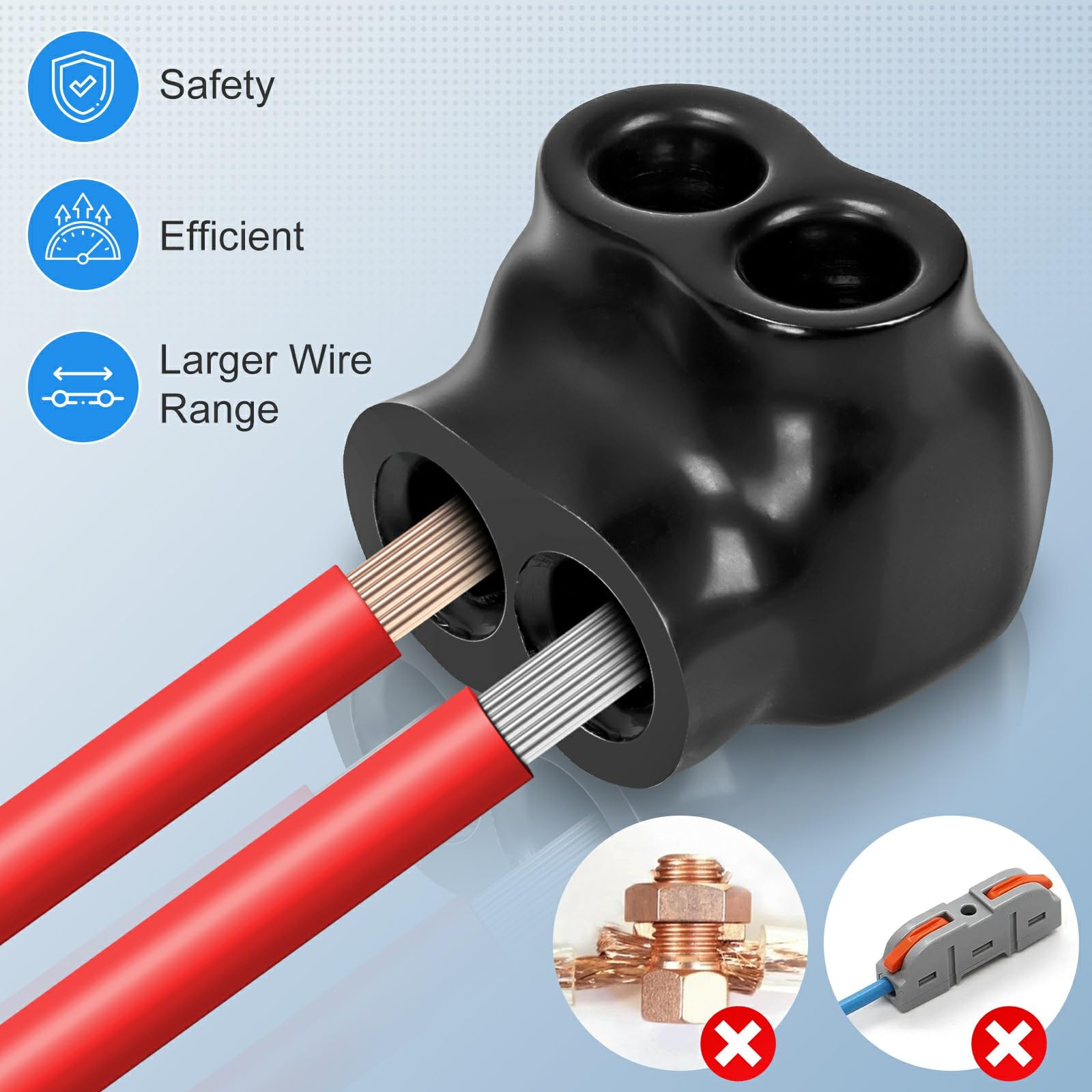 Lot de 10 connecteurs de fils isolés noirs multi-câbles 2 ports d'entrée unilatéraux pour câbles d'alimentation électrique (gamme 2 à 14 fils)