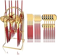 Vista 14 de JASHII Juego de cubiertos de 24 piezas con tenedores y cucharas con soporte, juego de cubiertos de metal de titanio negro y chapado en oro, acero