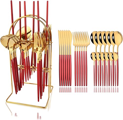 Miniatura 14 de JASHII Juego de cubiertos de 24 piezas con tenedores y cucharas con soporte, juego de cubiertos de metal de titanio negro y chapado en oro, acero