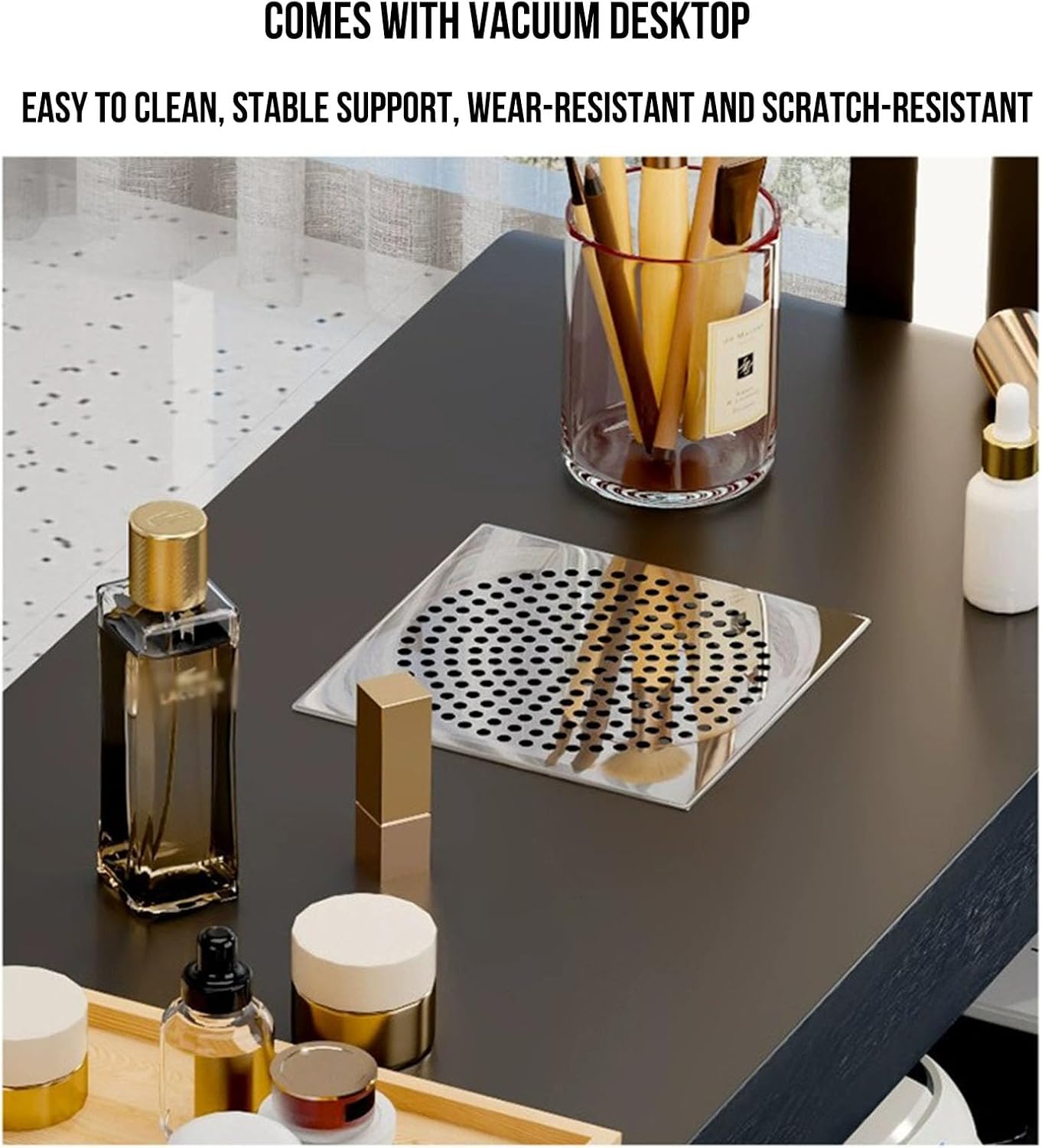 Manicure Nail Table Station with Dust Collector & LED Lamp - Home Salon Workstation with Storage Drawers for Professional Nail Technicians - Makeup Organizer Desk