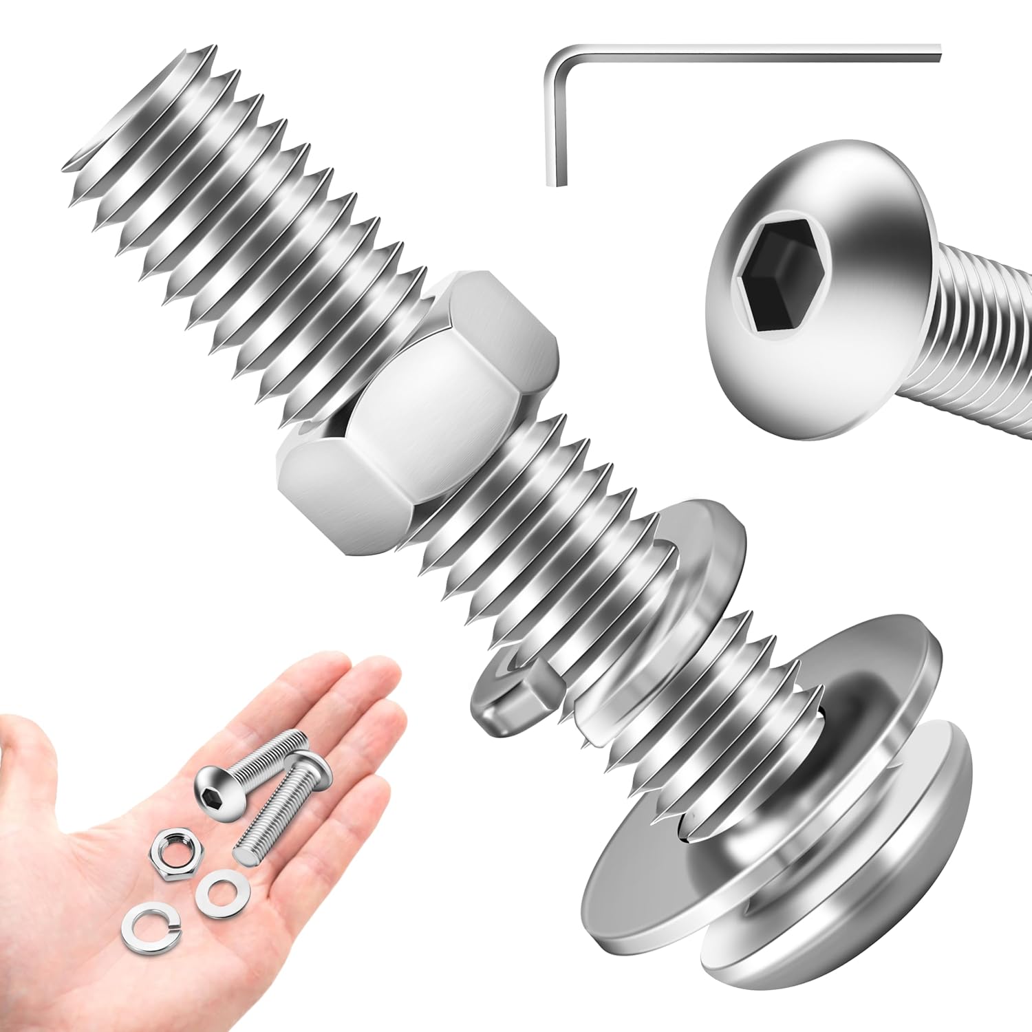 (20 Sets) 3/8-16 Bolt, 3/8 x 2 Button Head Socket Cap Bolts Screws, 304 Stainless Steel 18-8, 3/8 Bolts and Nuts Set, Fully Threaded, Assorted Bolts Nuts and Washers Kit by Marysino