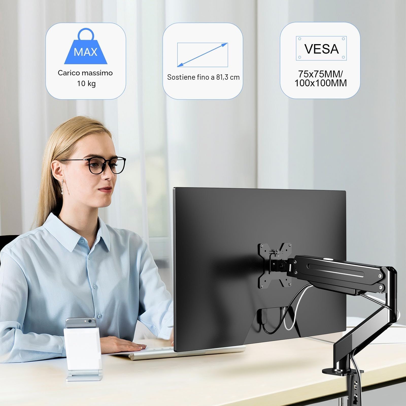 suptek Supporto per Monitor Braccio per Monitor con Molla a Gas Regolabile in Altezza per Schermi da 17-32 pollici, VESA 75/100 mm, fino a 10 kg, Ergonomico, Nero